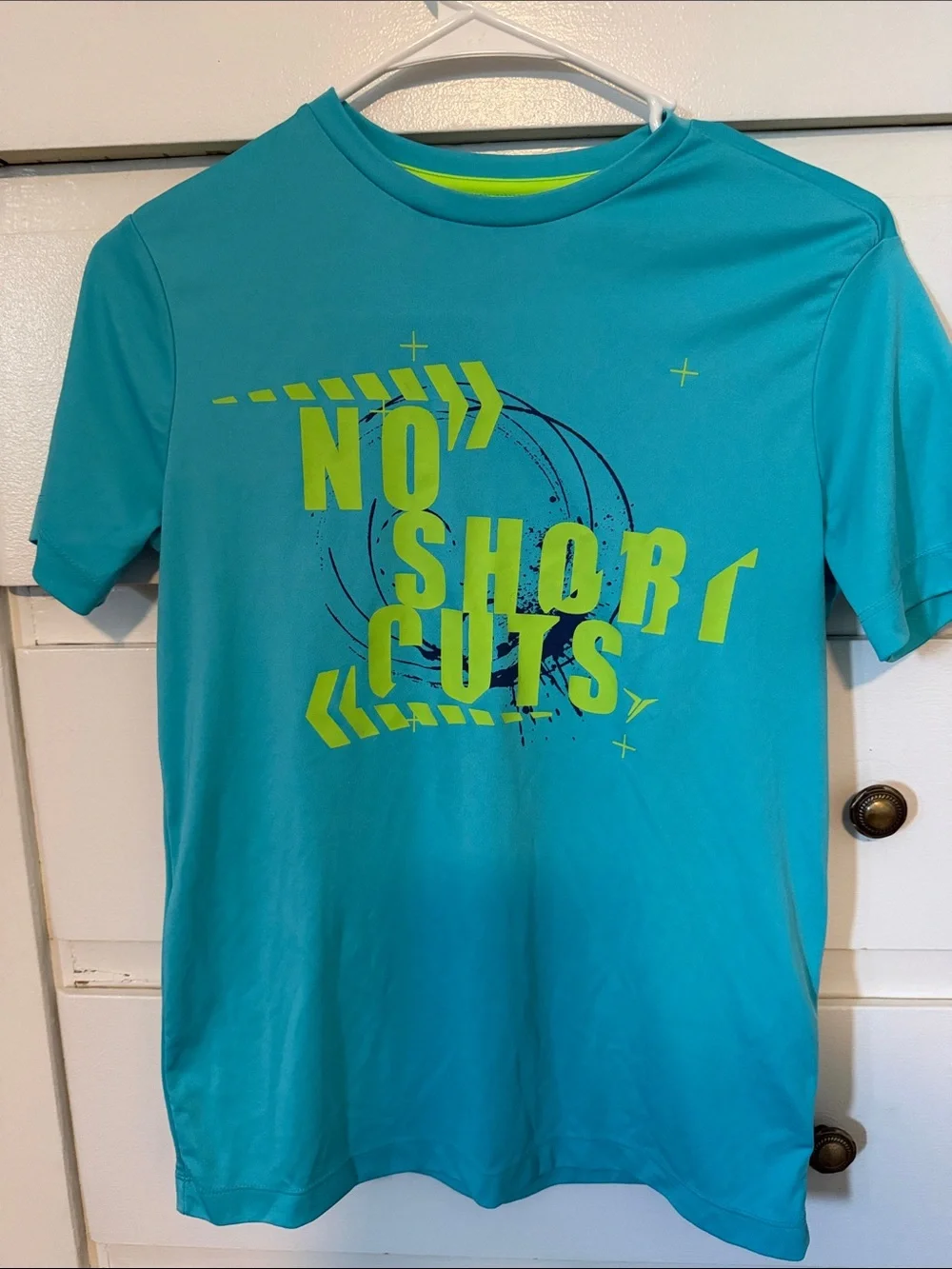 Old Navy Teal Short-Sleeve Graphic Tee with Neon Yellow Print size 10/12